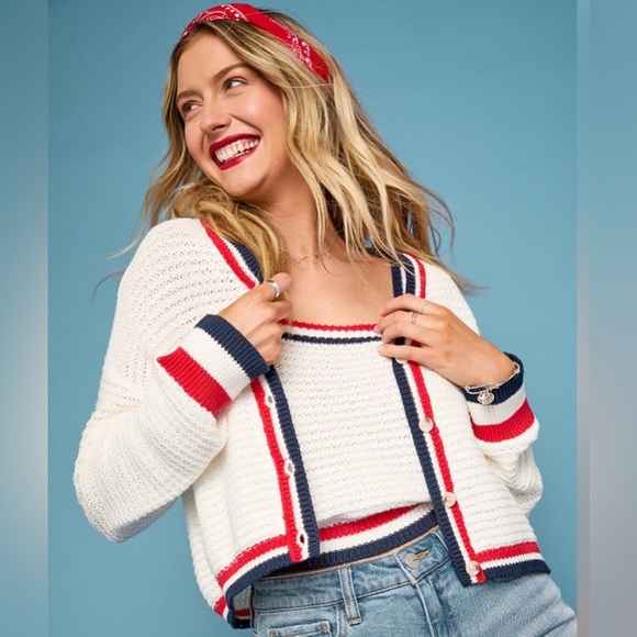 NWT Blue Rain Francesca's Jenn Striped Border Cardigan Knit Matching Set size M - Picture 2 of 9